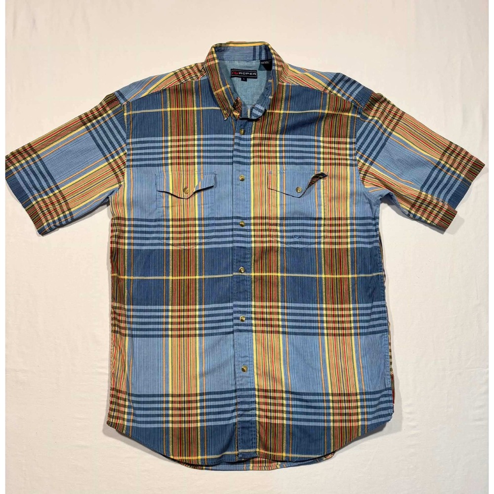 Roper Mens Large Short Sleeve Western Plaid Button Down Shirt Multicolor Cotton
